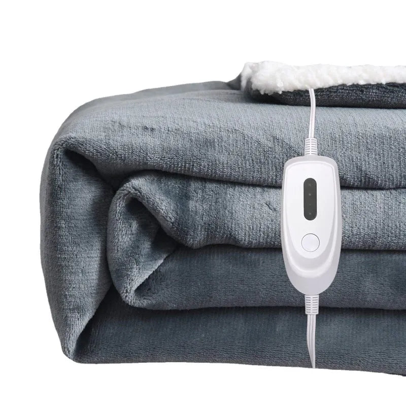 Grey flannel electric heating blanket with USB cable and temperature controls