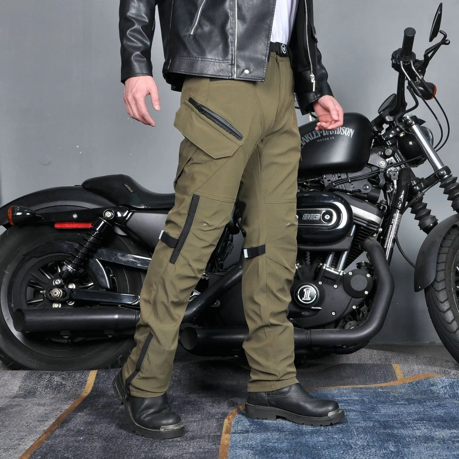 Men's solid colour waterproof windproof motorcycle cycling pants with belt and protective knee pads