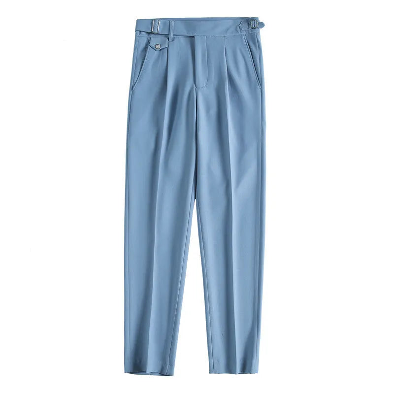Men's straight-leg casual trousers in black polyester on a plain background.