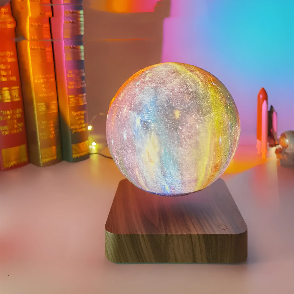 Magnetic levitation galaxy moon lamp floating above circular base with colourful lighting