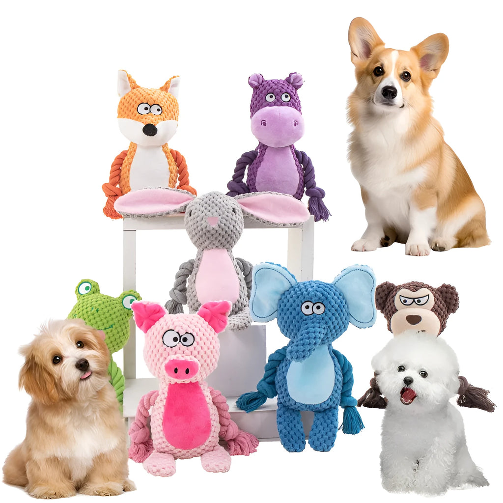 Hippo-coloured plush rope dog toy for interactive tug-of-war and training.