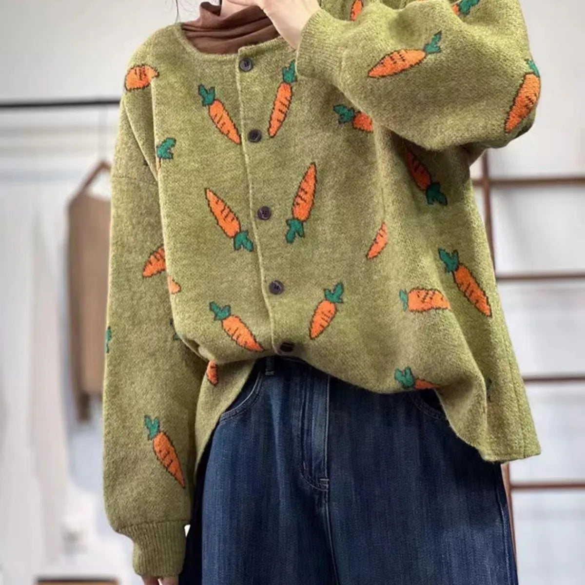 Mori artistic printing colour contrast loose cardigan sweater with round neckline