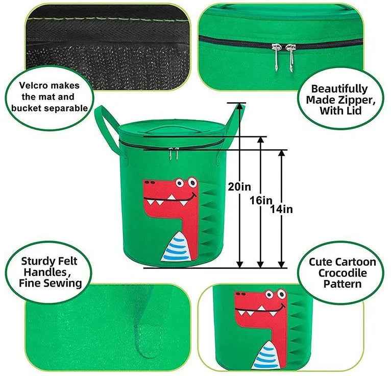 Green felt storage bag shown as both a flat play mat and gathered cube with pull rope closure