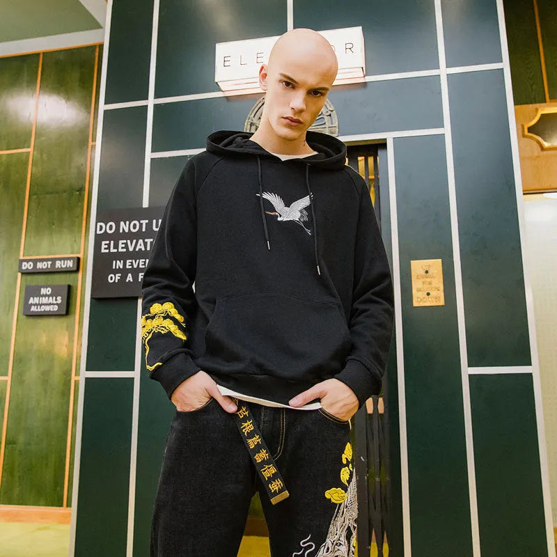 Chinese style men's black cotton hooded sweatshirt with fairy embroidery and animal pattern, loose fit