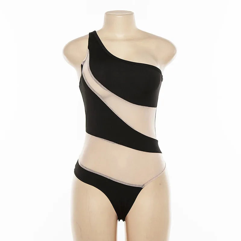 Women's mesh one-piece sleeveless black swimsuit with removable chest pad