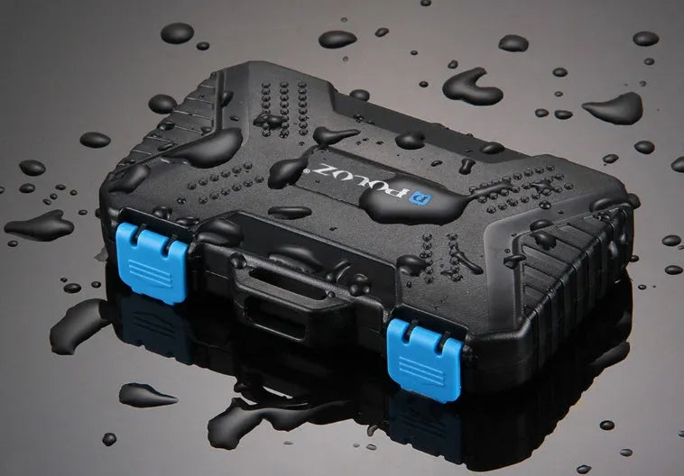 Black waterproof memory card case open showing compartments for CF SD TF SIM cards