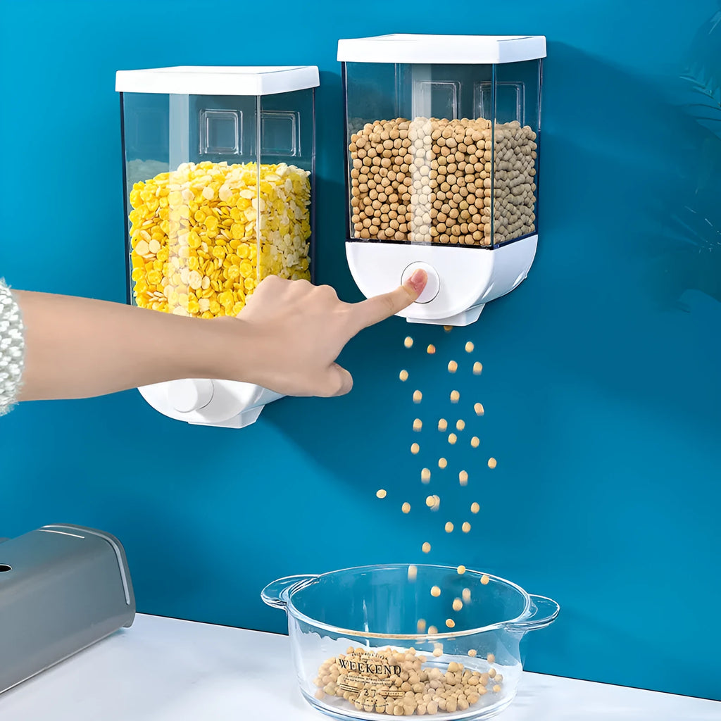 White wall-mounted transparent kitchen storage container with cereal dispenser lid