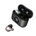 Black and blue in-ear Bluetooth headset with bilateral stereo sound configuration