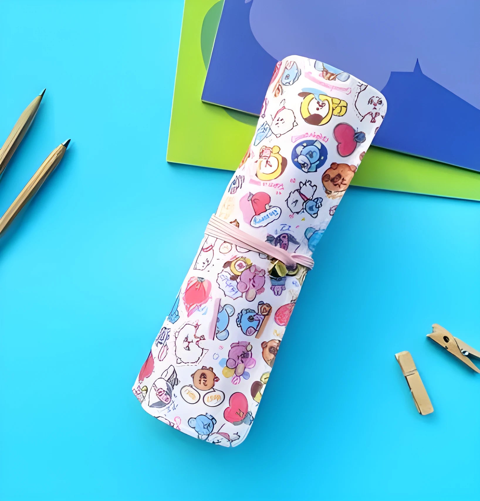 BT21 full colour printed canvas pencil case measuring 19.5x29cm for school stationery storage