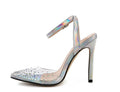 Women's pointed toe sandals with stiletto heels, diamond detail on PVC upper, shown on a size chart.