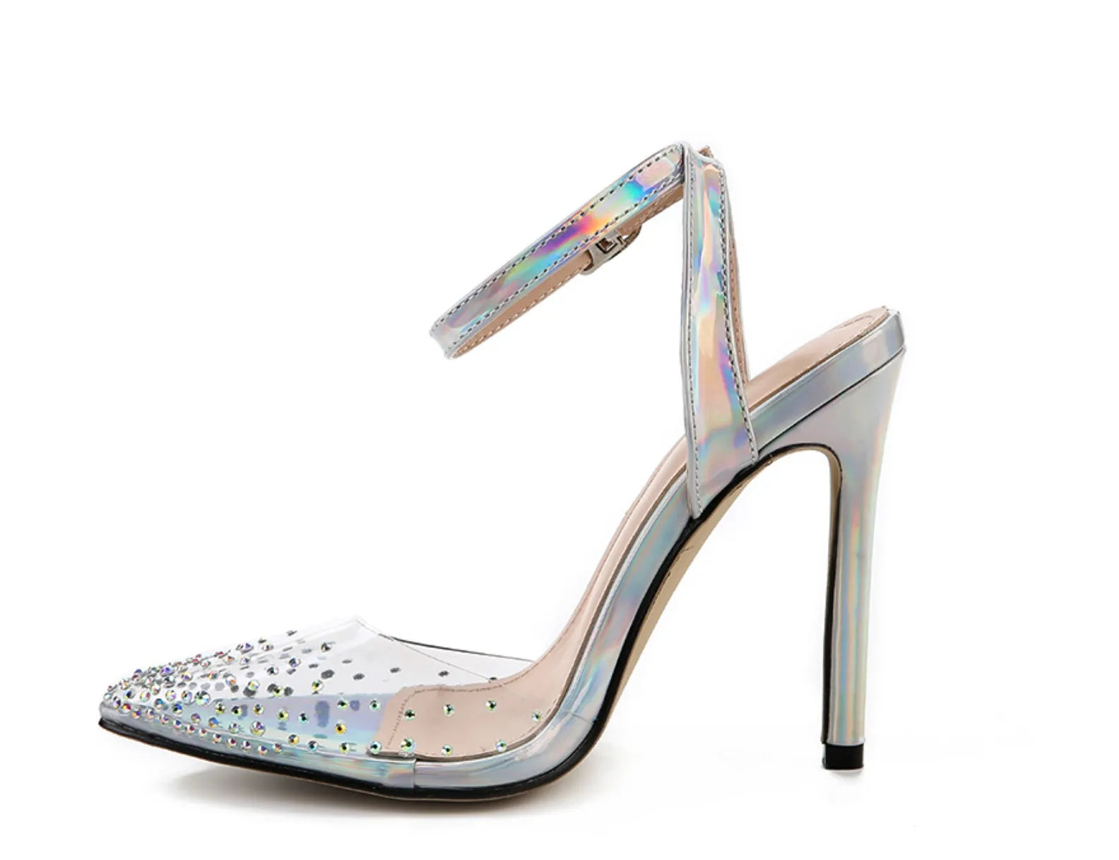 Women's pointed toe sandals with stiletto heels, diamond detail on PVC upper, shown on a size chart.