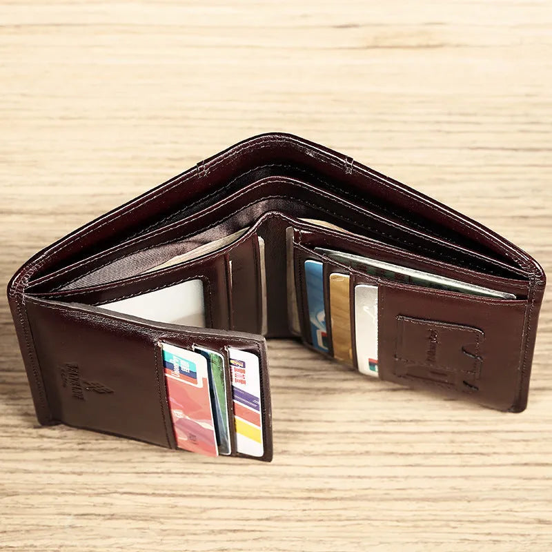 Men's black leather wallet open to show photo window, card slots, coin pocket and banknote folder.