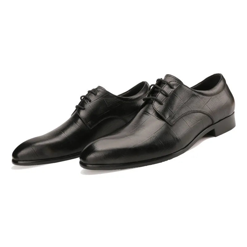 Men's black leather derby shoes with pointed toe and rubber sole