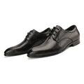 Men's black leather derby shoes with pointed toe and rubber sole
