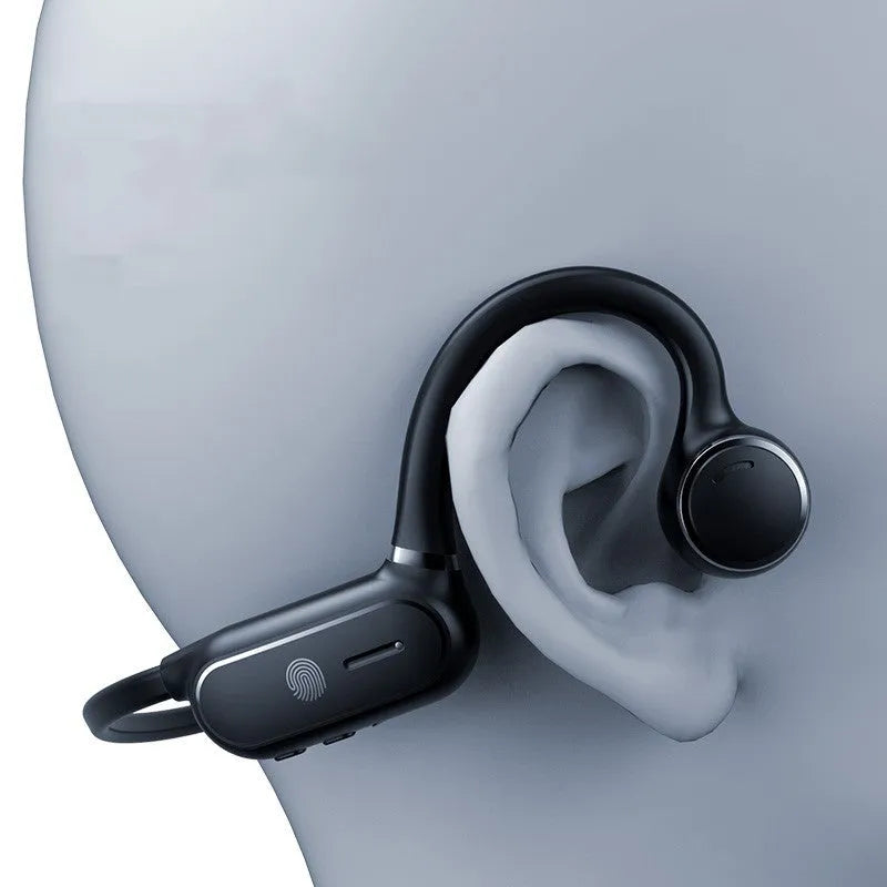 Black air conduction wireless Bluetooth earphones with an ergonomic ear hook and flexible titanium neckband.
