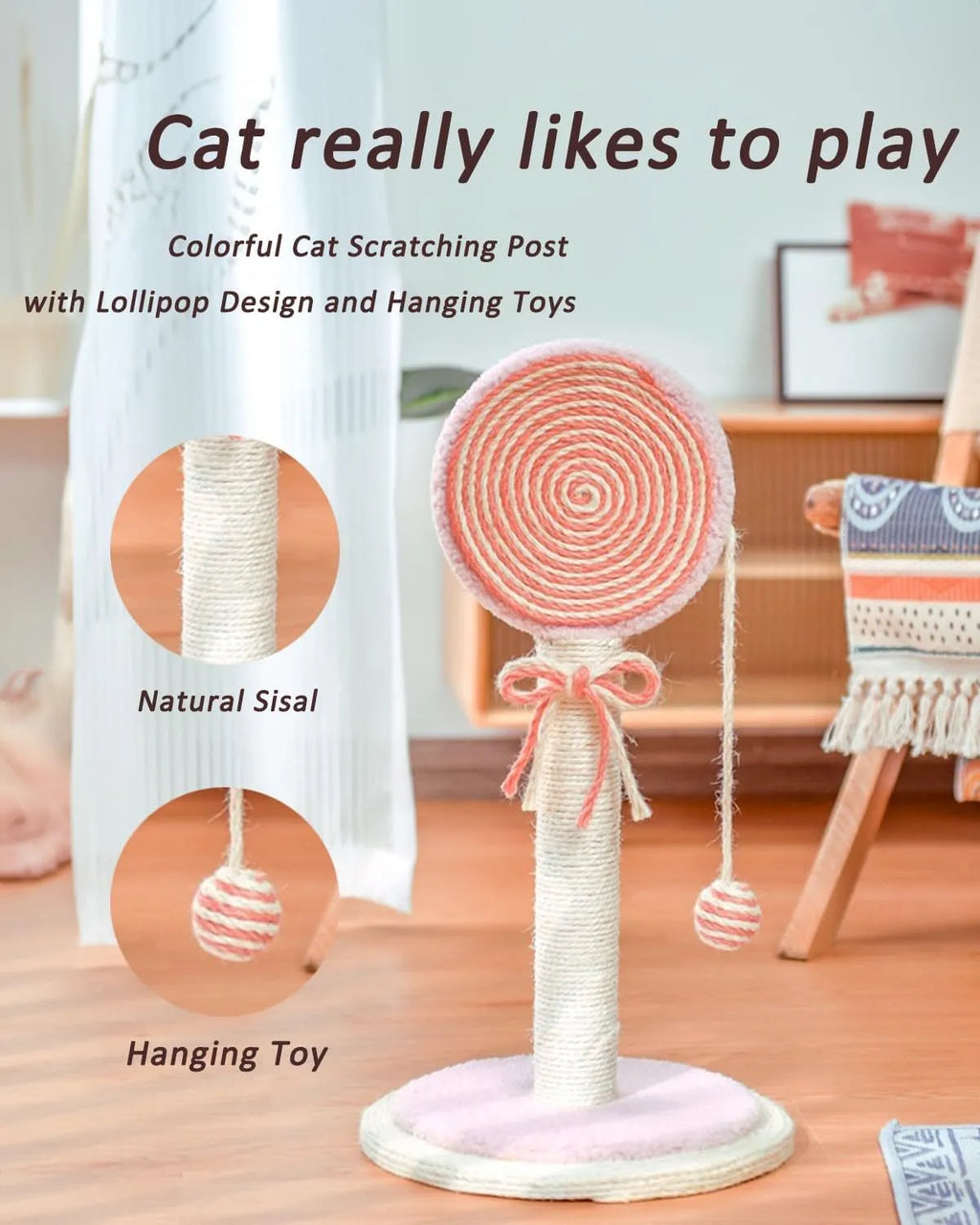 Blue cat scratching post with sisal rope and a hanging yellow ball toy on a sturdy wooden base.