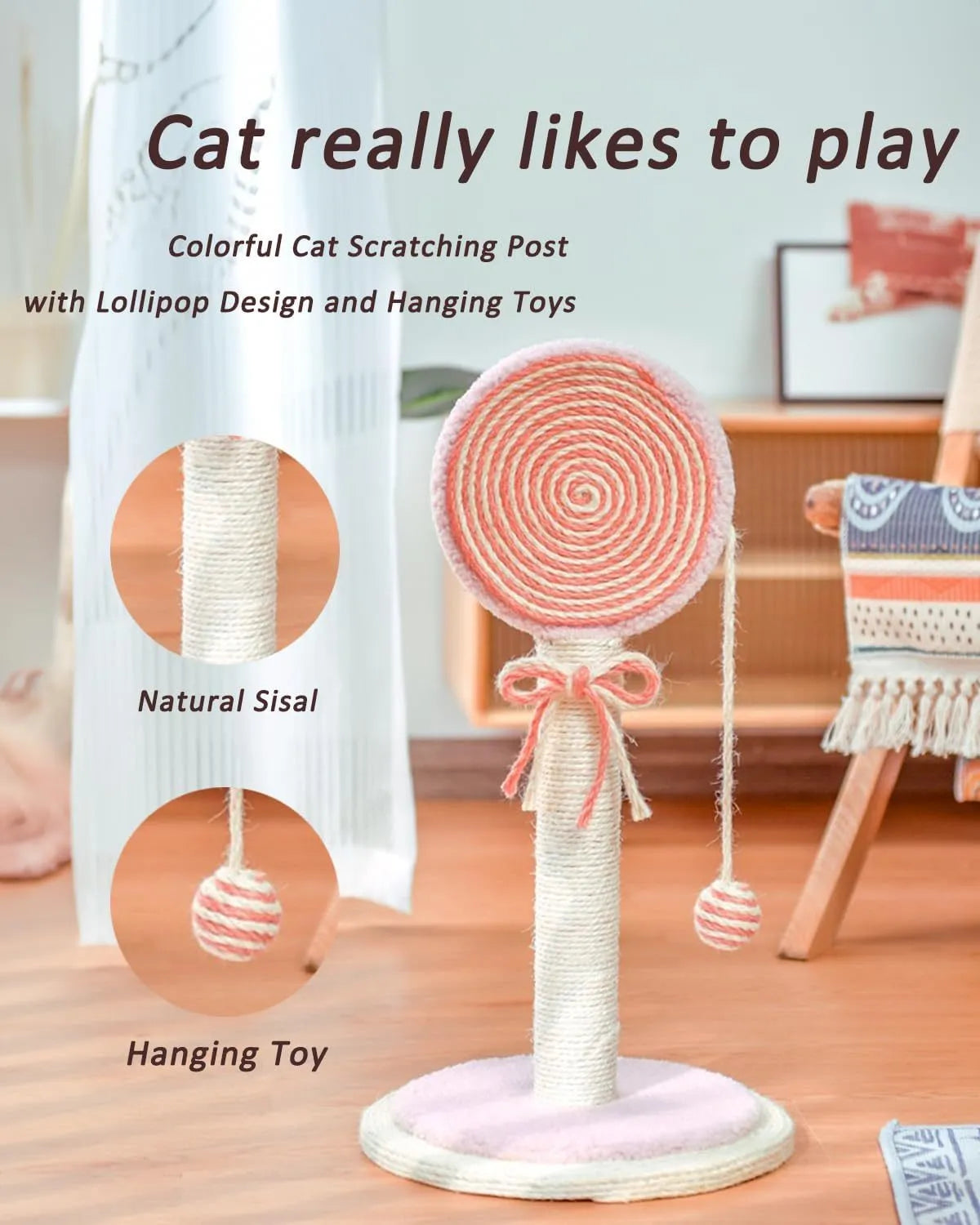 Blue cat scratching post with sisal rope and a hanging yellow ball toy on a sturdy wooden base.