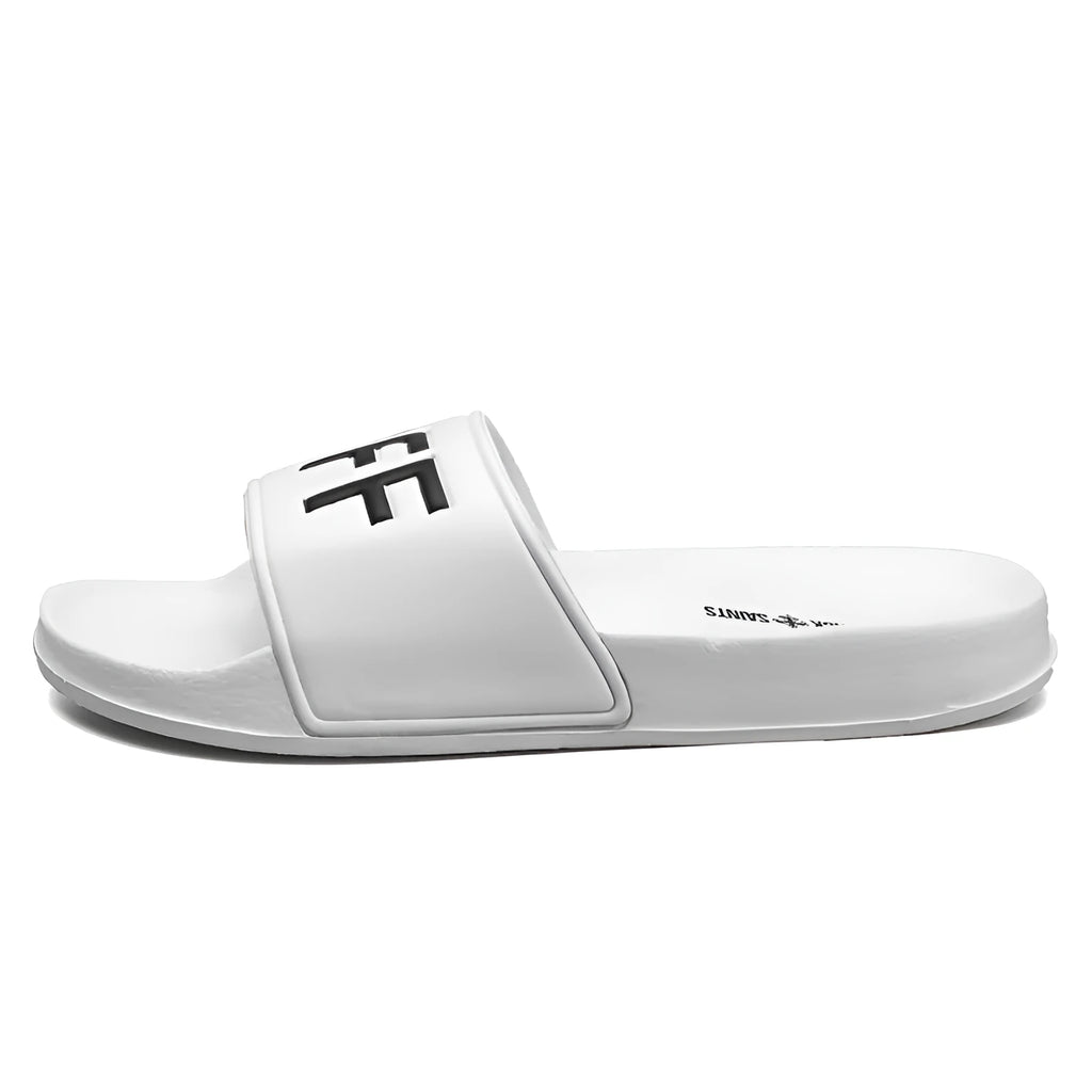 Men's black open-toe personalised slippers with rubber soles showing available size range