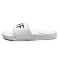 Men's black open-toe personalised slippers with rubber soles showing available size range
