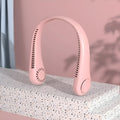 Pink USB charging portable bladeless neck fan worn around neck with adjustable speed settings