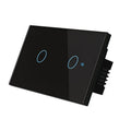 Tempered glass 2-gang touch light switch with RF remote control in black, white or gold finish