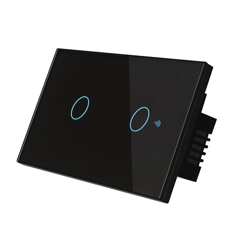 Tempered glass 2-gang touch light switch with RF remote control in black, white or gold finish