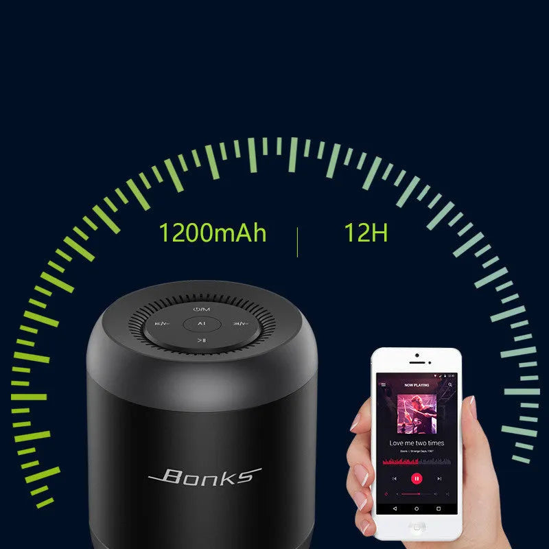 Black and white Bluetooth speaker with AI voice control and bass enhancement features