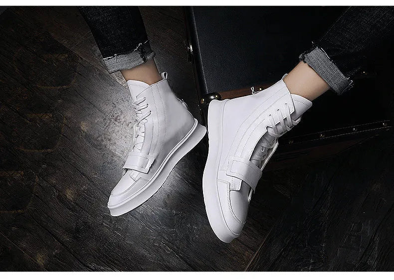 Men's black PU leather ankle boot with high-top sneaker design on a white background