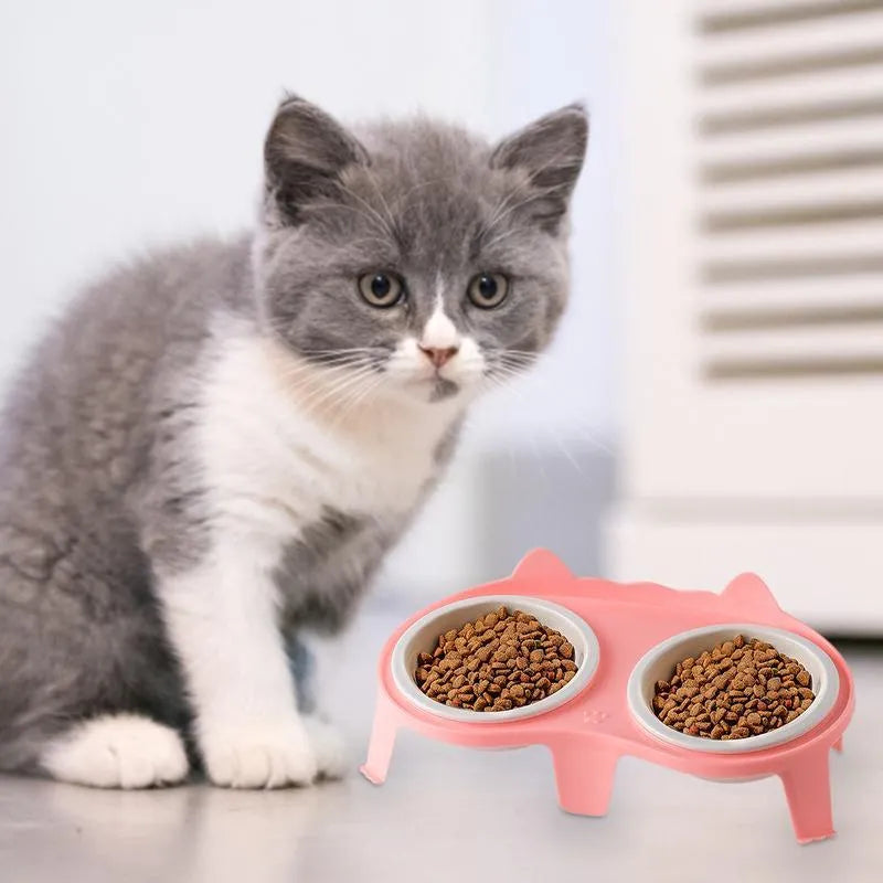 Blue ceramic cat food and water bowls on a white elevated plastic stand with hook design.