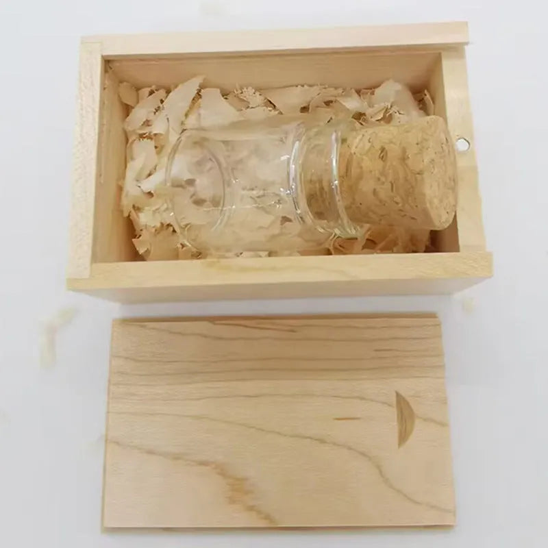 Transparent wooden drift bottle shaped USB flash drive showing six capacity options.