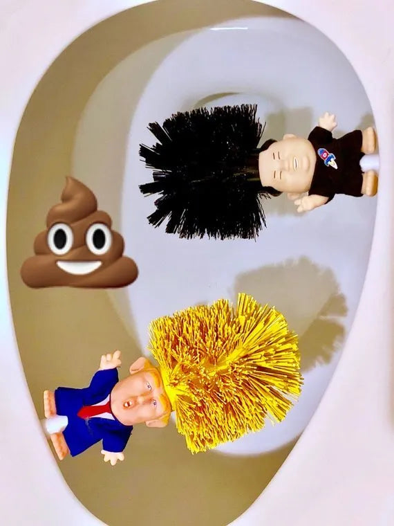 Yellow plastic Donald Trump novelty toilet brush with hanging slot.