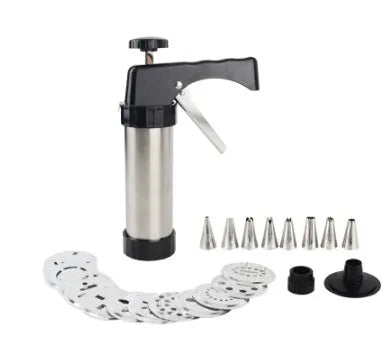 Stainless steel biscuit press machine with cookie moulds and pastry nozzles for baking