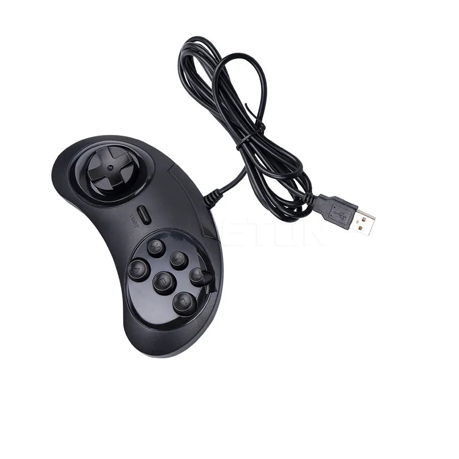 Black Sega USB wired PC gaming controller with 1.8 metre cable on a desk.