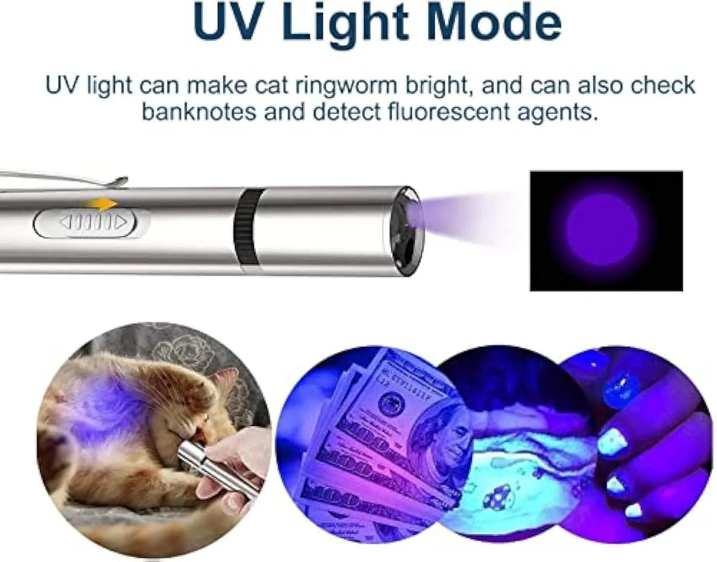 Silver aluminum alloy cat laser pointer toy with multiple light patterns