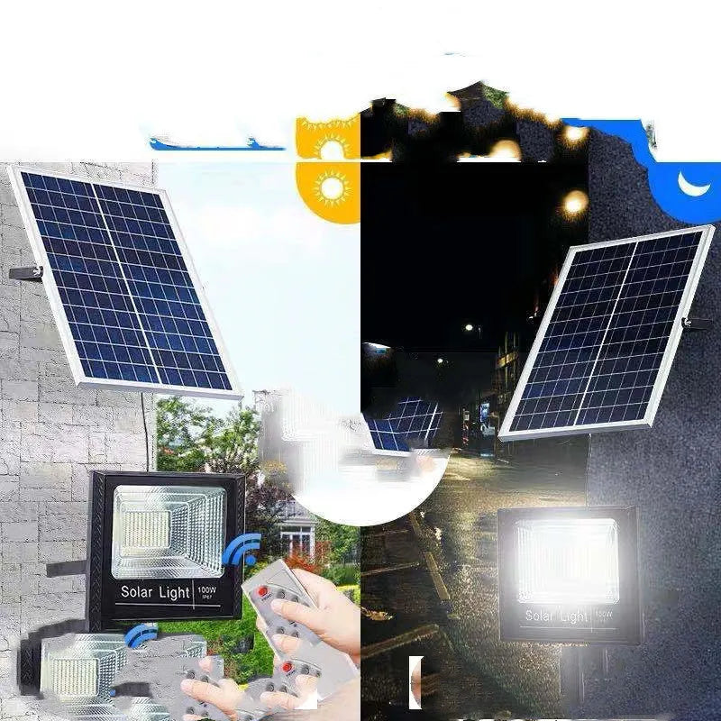 Black solar-powered LED flood light for outdoor garden and security lighting.