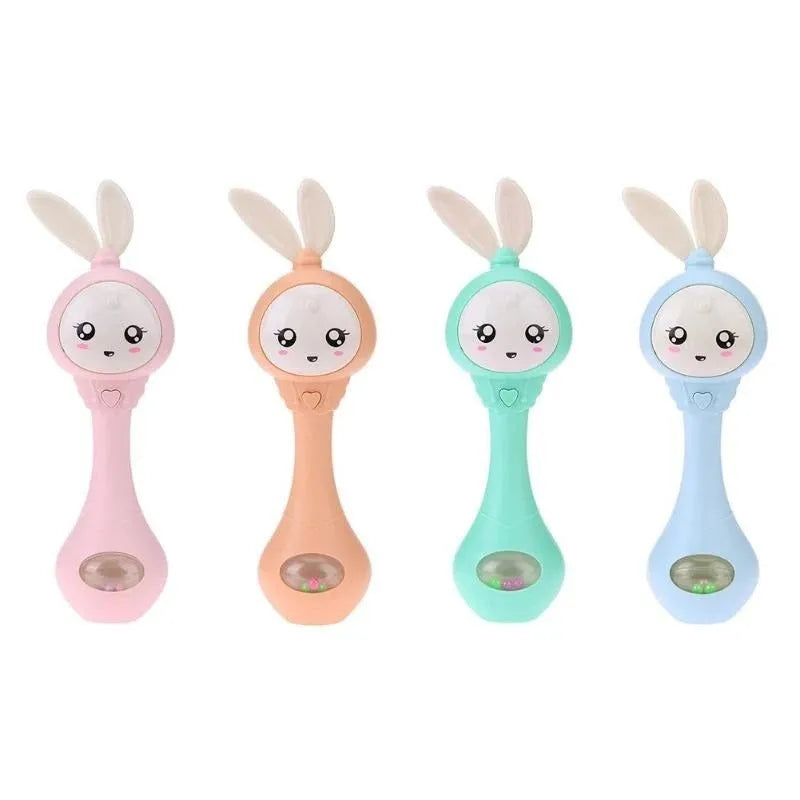 Baby molar music stick teether in light blue, mint green, orange or pink with chewable surface and electronic components