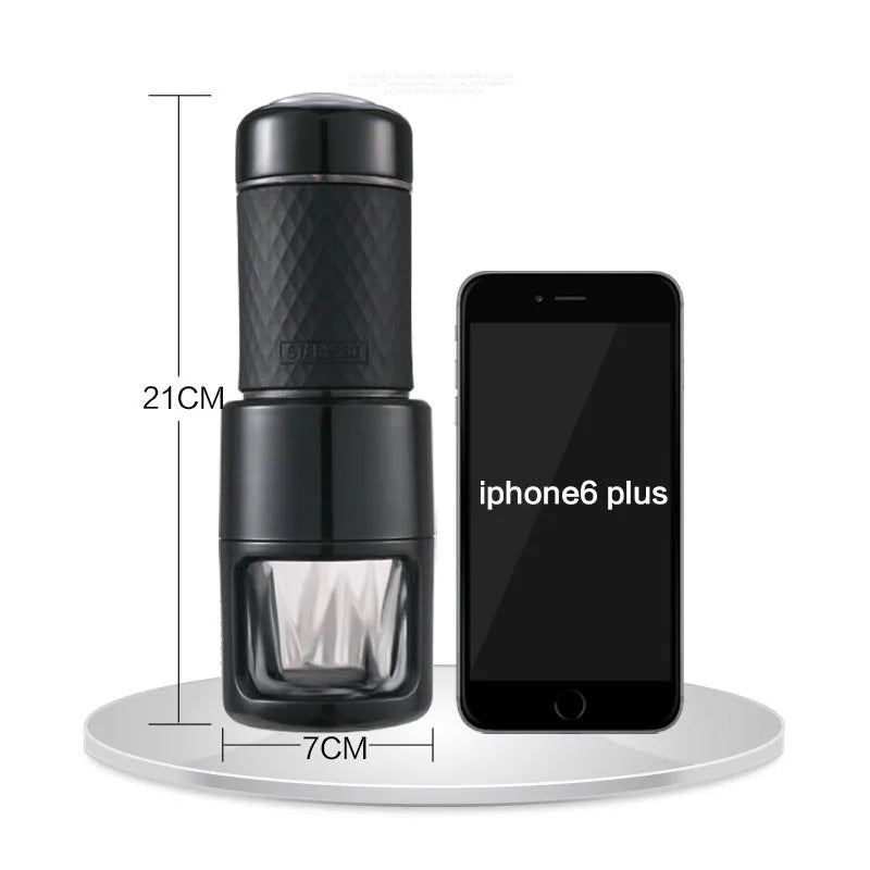 Portable manual espresso coffee machine in stainless steel with 7x7x20.3cm compact size