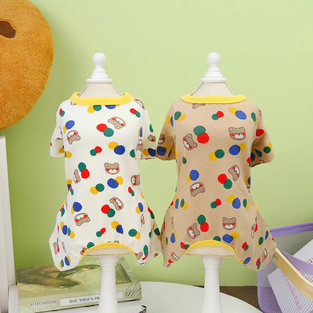 Dog wearing colourful ball bear costume in beige cotton spandex blend fabric