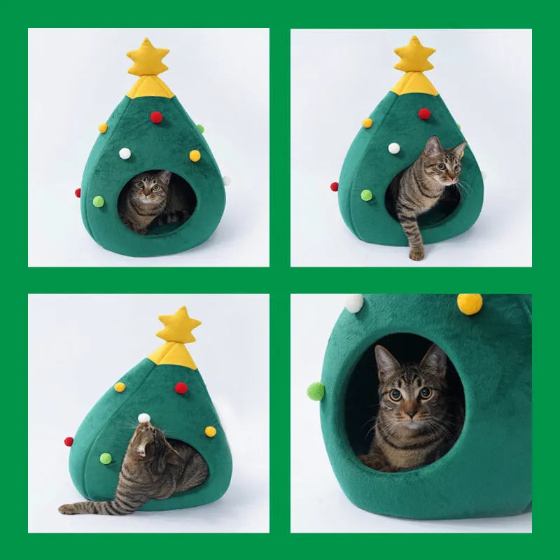 Red Christmas tree shaped plush cave bed for cats and small dogs on a wooden floor.