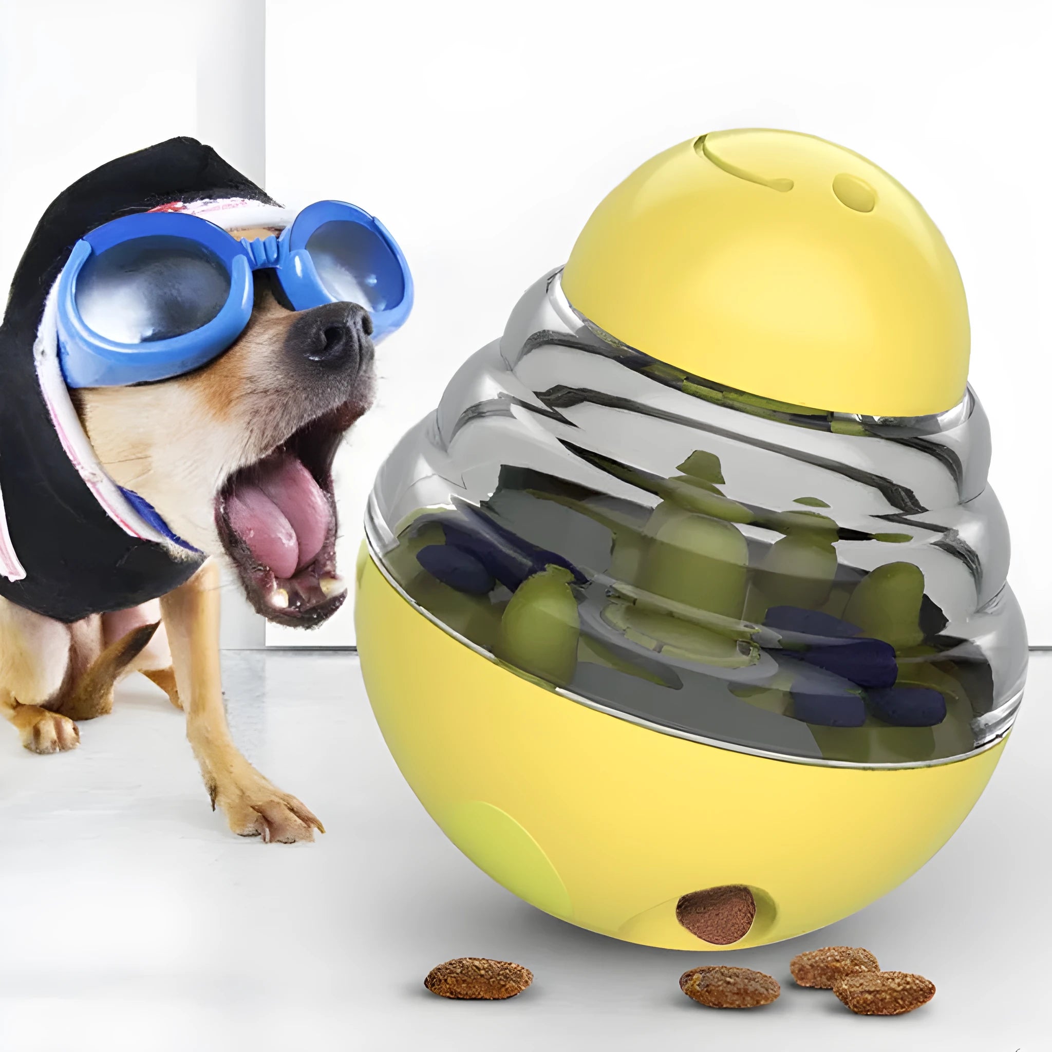 ABS and PC dog toy leaky food ball interactive treat dispenser slow feeder in lake blue with internal maze damper