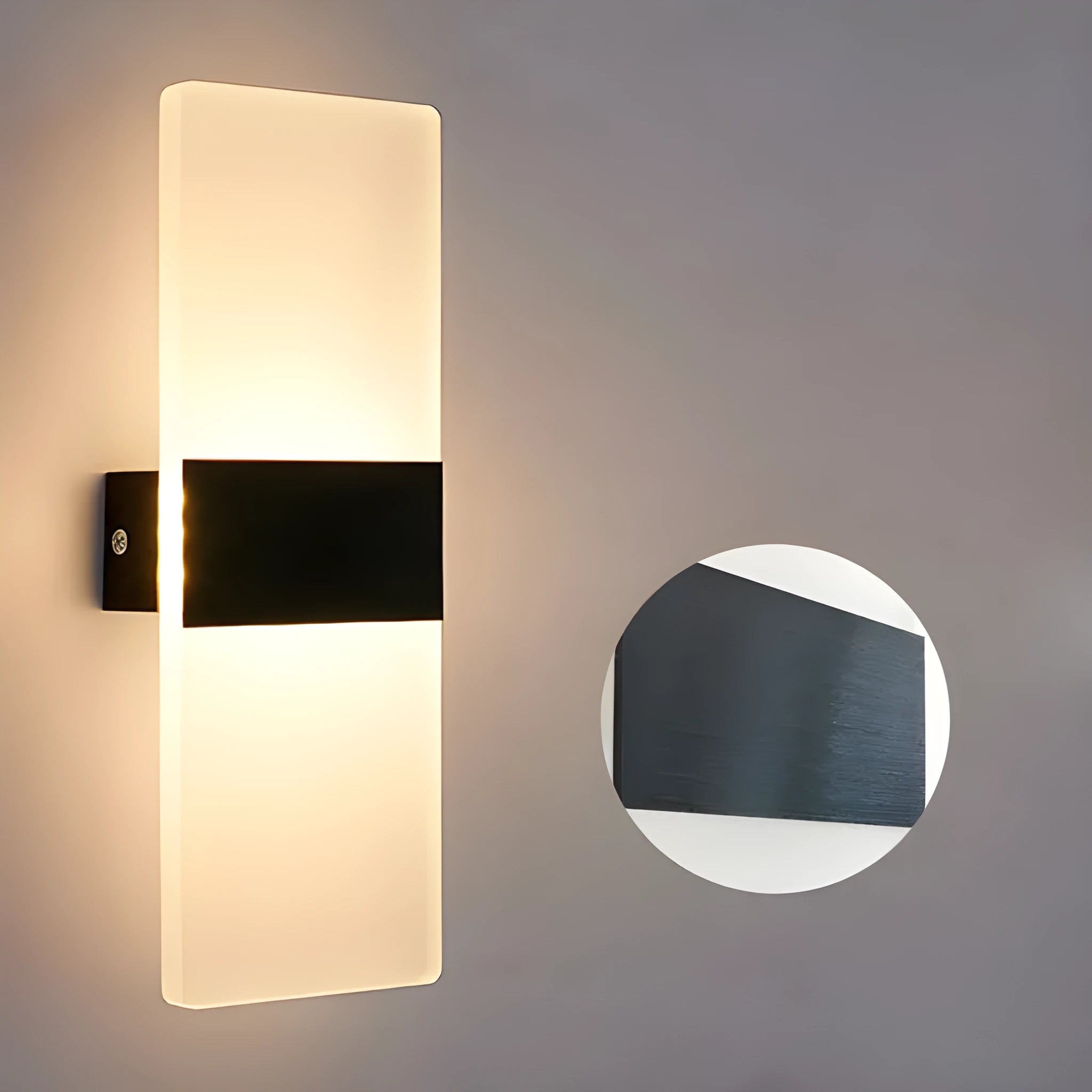 Black acrylic LED wall lamp with modern design mounted on wall