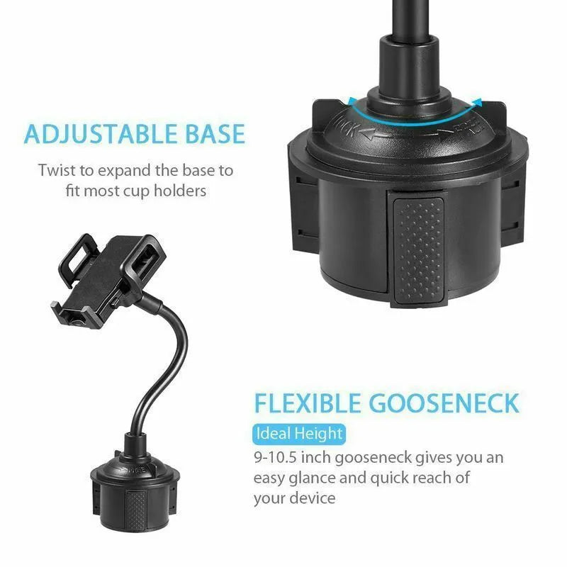 Black universal car-mount phone bracket showing adjustable side handles and a suction cup mount.