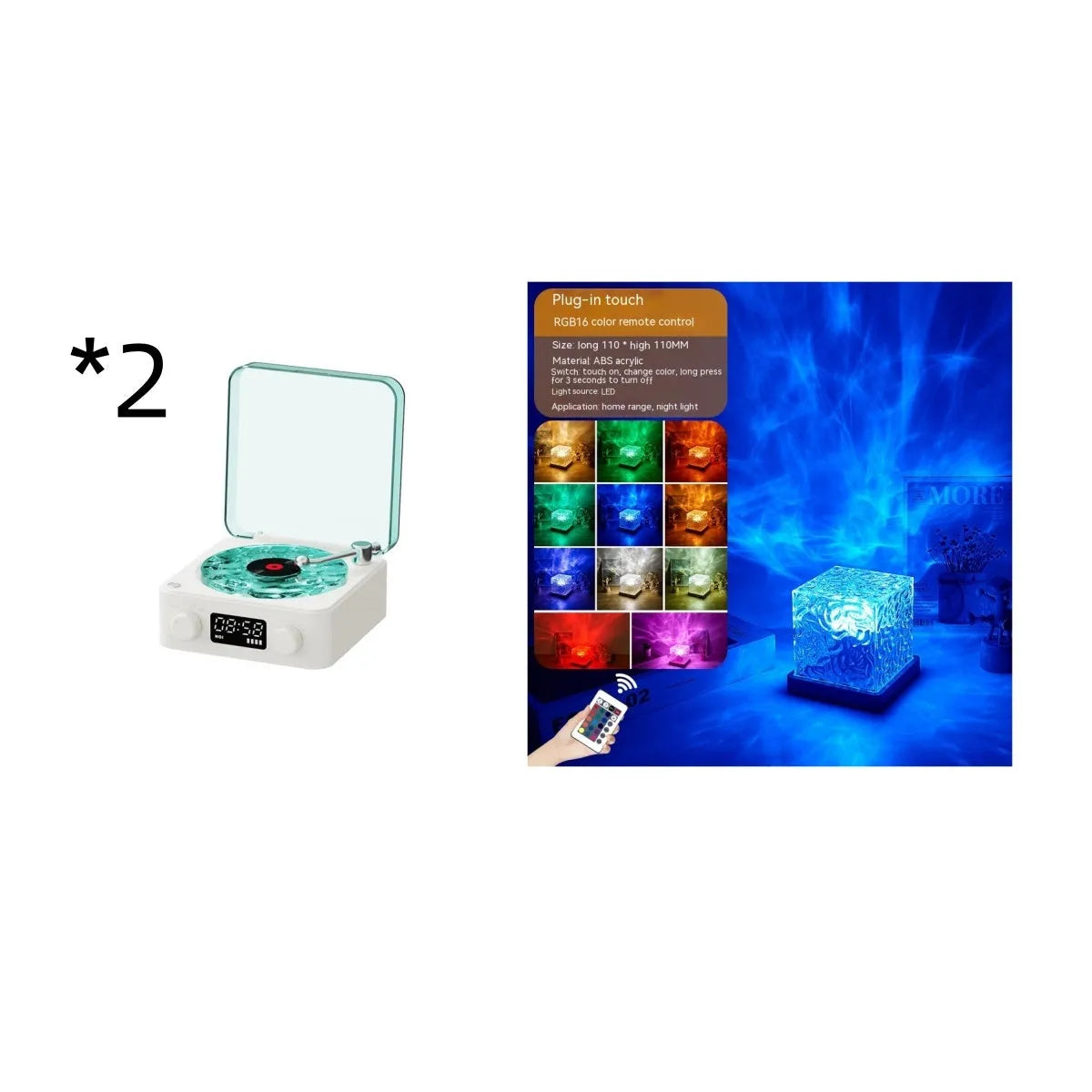 Blue retro-style Bluetooth speaker with rotating transparent turntable and RGB projection lighting