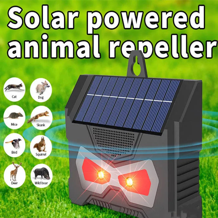 Black outdoor solar ultrasonic animal repeller device with motion detection for garden pest control