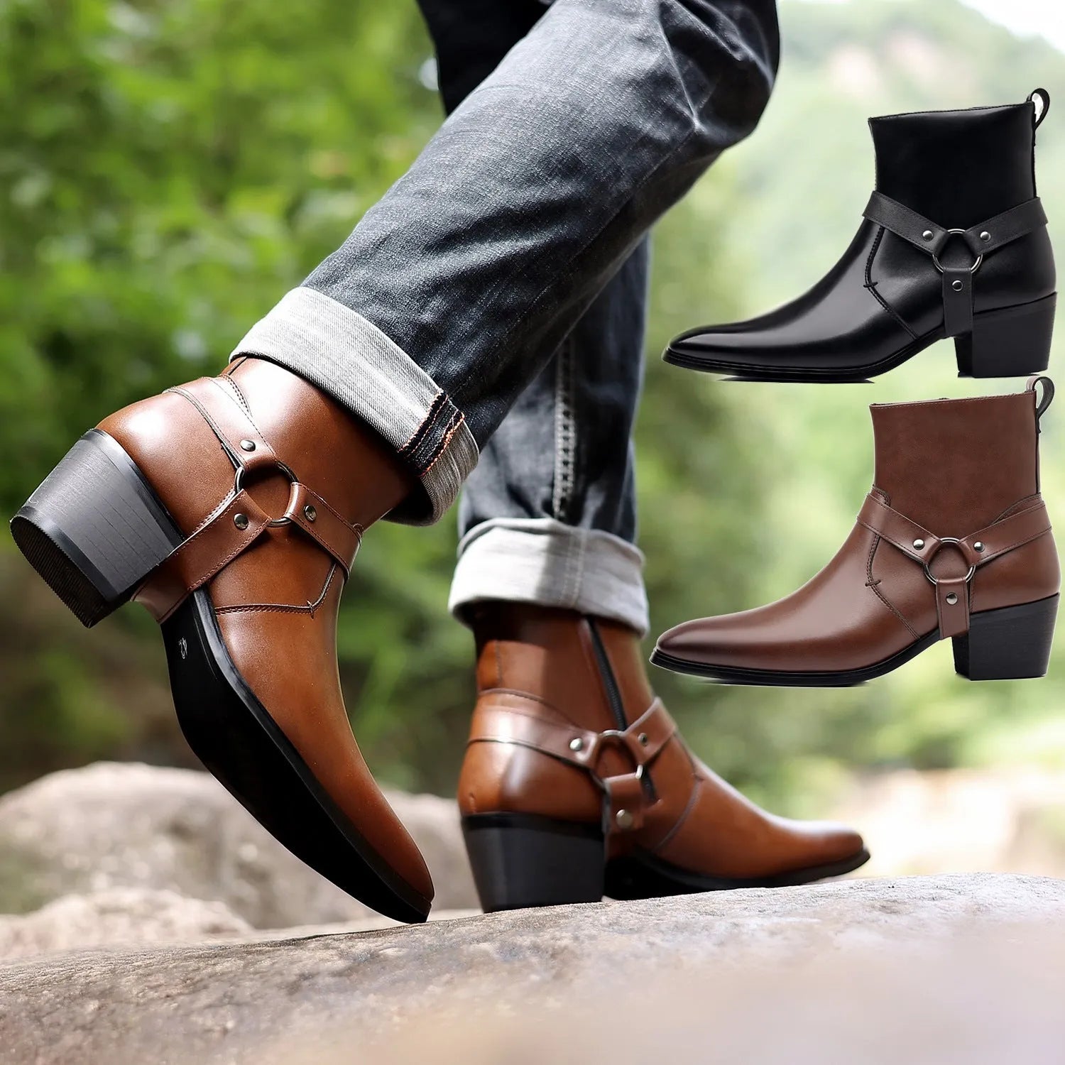 Black unisex mid-calf chain boots with side zipper, rivet details, and a square toe.