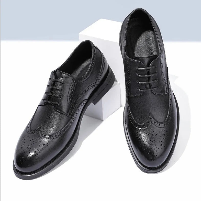 Men's black and brown brogue leather shoes with traditional perforated detailing for business wear