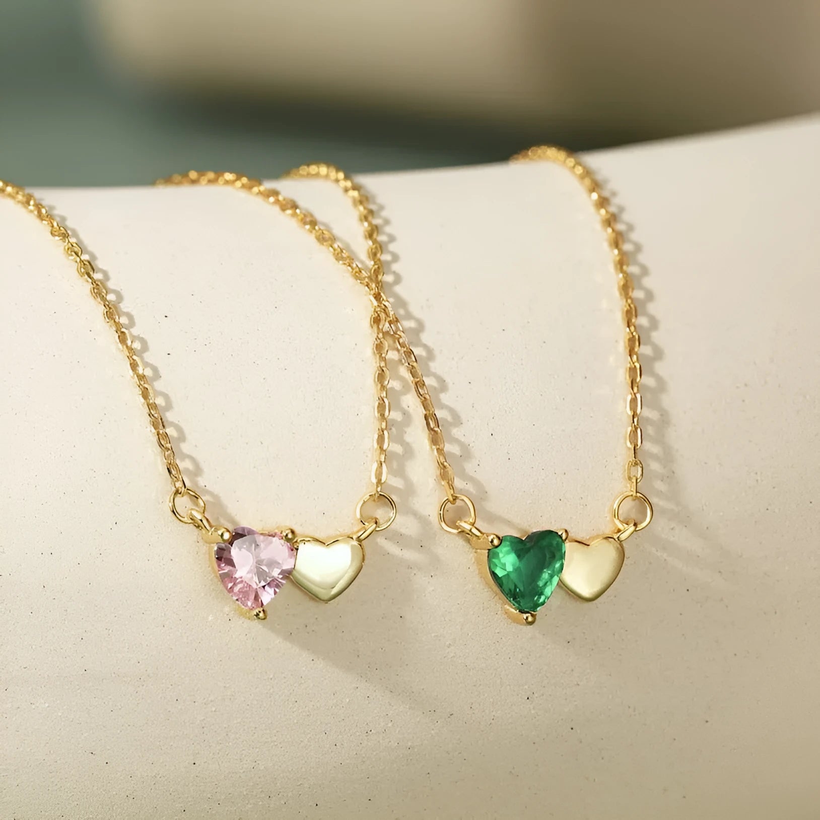 925 sterling silver heart pendant necklace with emerald zircon and peach heart for women in gold finish