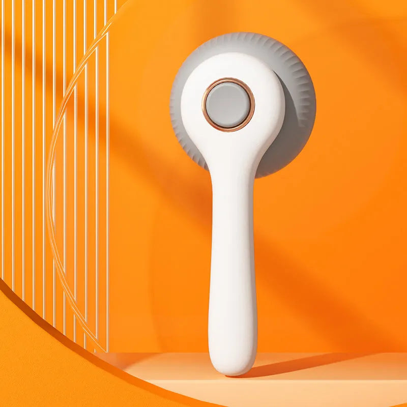 Blue and white self-cleaning pet grooming slicker brush with massage function for cats and dogs.