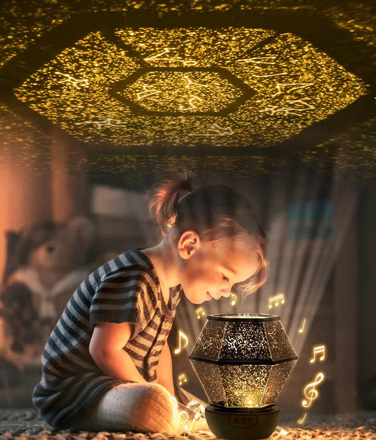 Children's rotating star night light projecting coloured stars on bedroom wall