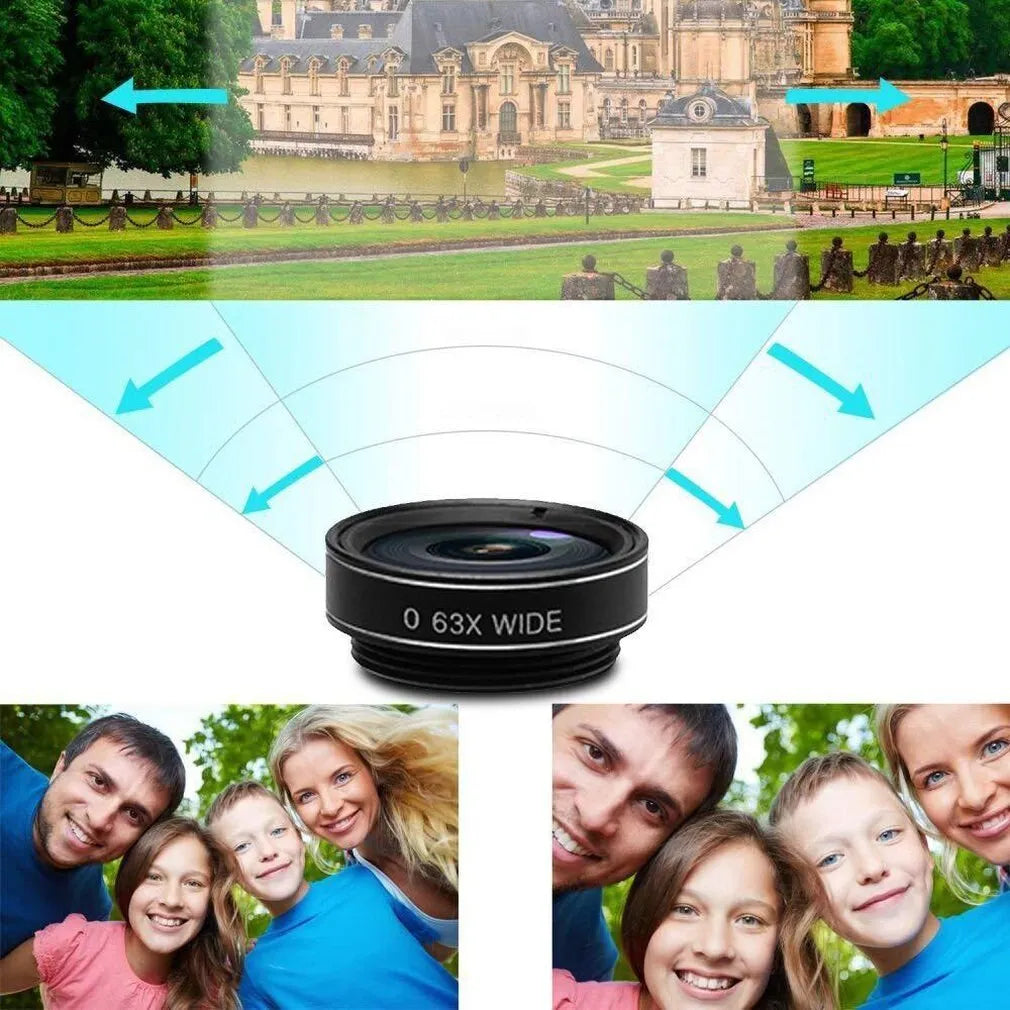 Black ten-in-one set of external HD glass camera lenses with aluminium-magnesium alloy housing for mobile phones.